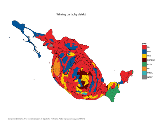Equal area cartogram of winning party by district