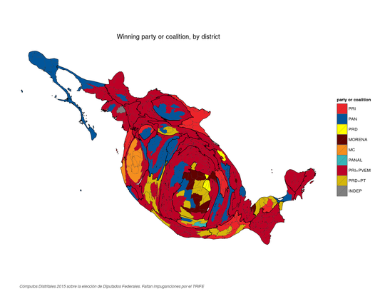 Equal area cartogram of the winning party or coalition in each district