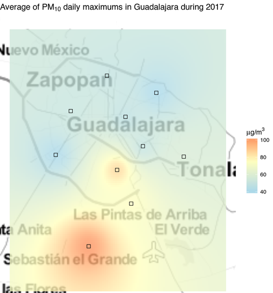 Map of PM10 pollution in Guadalajara during 2017